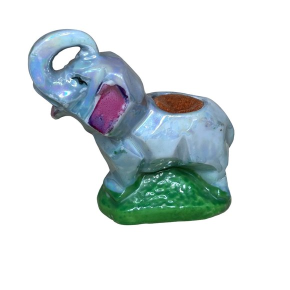 Vintage Lusterware Ceramic Elephant Figurine Pincushion Trunk Up - Picture 3 of 7